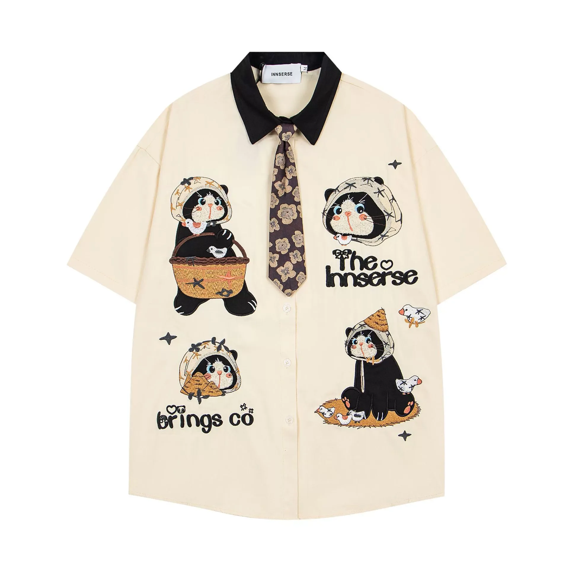 

Cartoon Cat Embroidery Shirts Men Vintage Summer Short Sleeve Shirts Short Sleeve Button Up Blouse Casual Loose Shorts Tops Tees