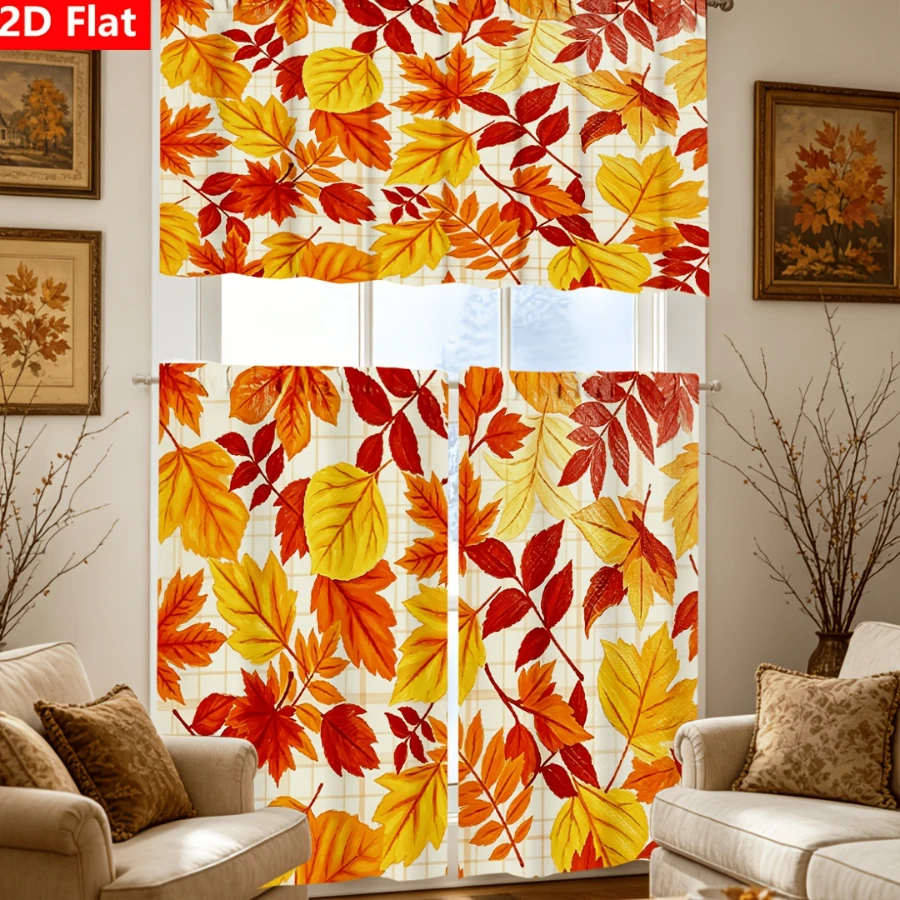  Fall Autumn Leaves Full Print Kitchen Curtain, Warm Fall Colors Maple Leaf Window Decor for Kitchen Bedroom Living Room