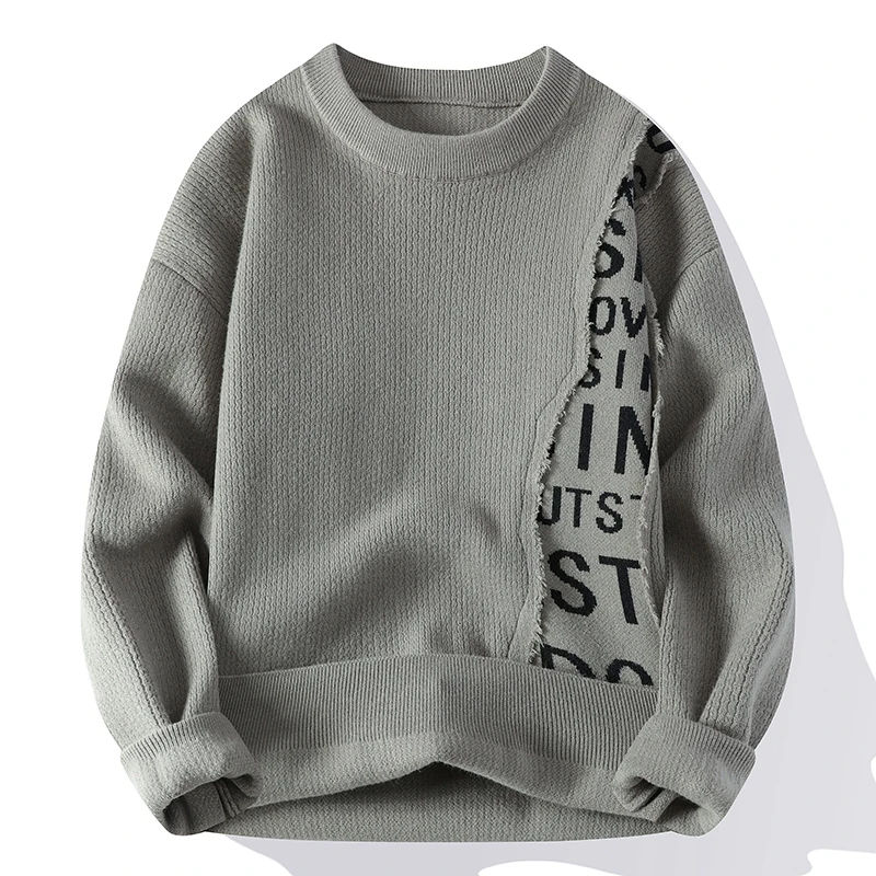 2024 New Fall Winter Letter Printed Sweater Men High End Thick Warm O-neck Wool Sweaters Korean Fashion Simple Knitted Pullovers