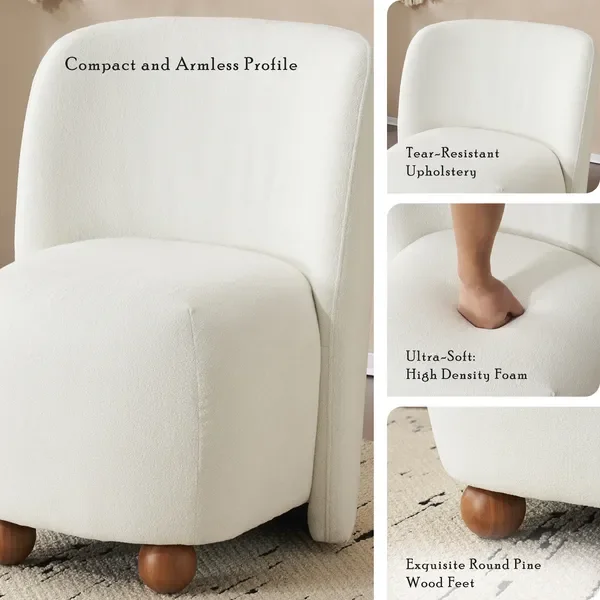 

Modern Low-Back Accent Chair, White, Soft Upholstery, Round Pine Feet, for Small Spaces