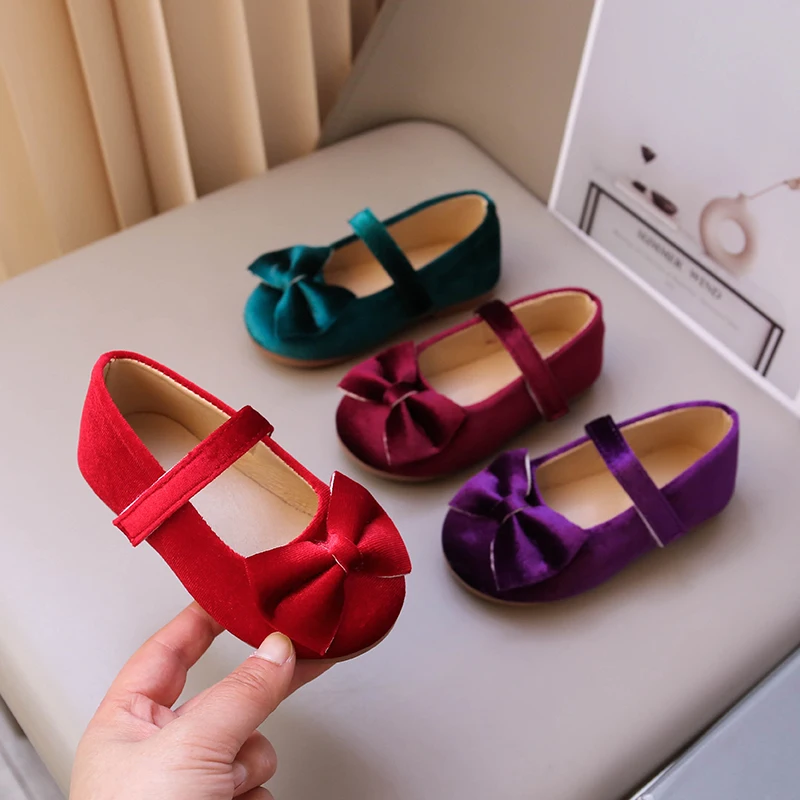 

Children's Classic Bowknot Velvet Ballet Flats Girls Retro Red Velour Mary Jane Shoes Baby Child Autumn Princess Dress Zapatos