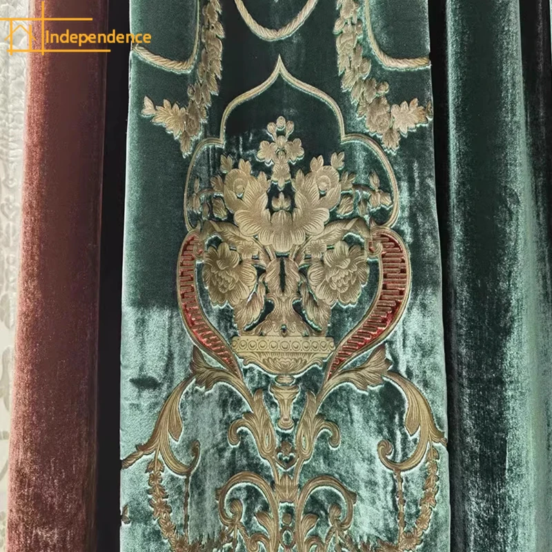 

Customized High-grade Green Embroidery Screen Velvet Splicing Thickened Curtains for Living Room Bedroom French Window Villa