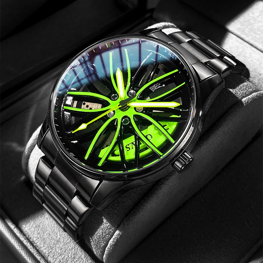 OLEVS Wheel Hub Men\'s Watches Trend Fashion Quartz Wristwatch Original Movement Waterproof Steel Luminous 3D Hollow Rotary Dial