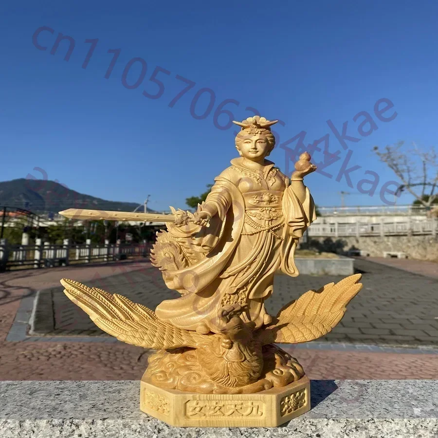 Hand Carved Juniper Wood Jiu Tian Xuan Nu Statue - Nine Heavens Goddess Phoenix Riding Figurine Ornament for Home Temple Altar
