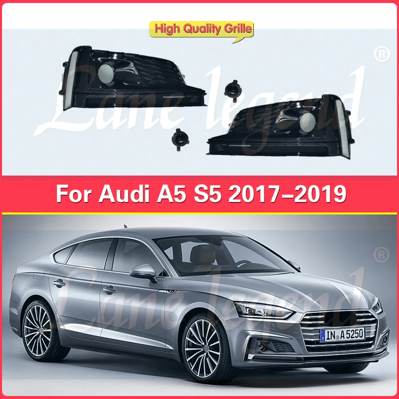 

For Audi 2017 2018 2019 Year A5 B9 S5 Style ABS Car Front Bumper Down Honeycomb Grilles With Fack ACC Fog Light Lamp Frame Grill