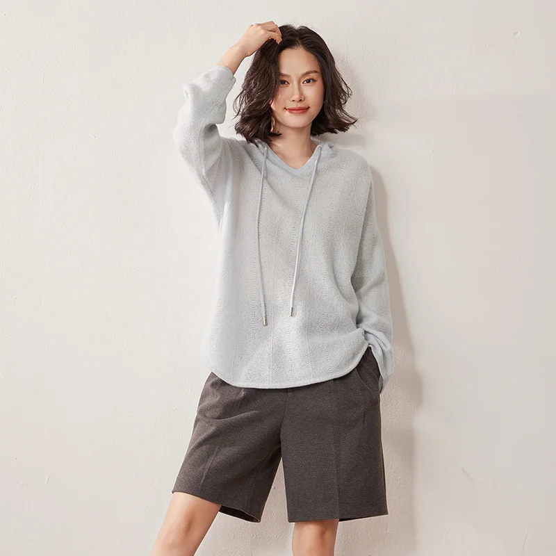 

Autumn Winter New Women's Hoodie Loose 100% Cashmere Sweater Versatile Simple Casual Knitted 12-Gauge Hollow Out Base Shirt Top