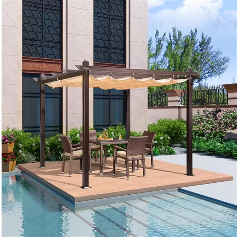 

Heavy Duty Aluminum Pergola Gazebo Brown Beige Courtyard Canopy Outdoor Villa Garden Pavilion Patio Shade Tent