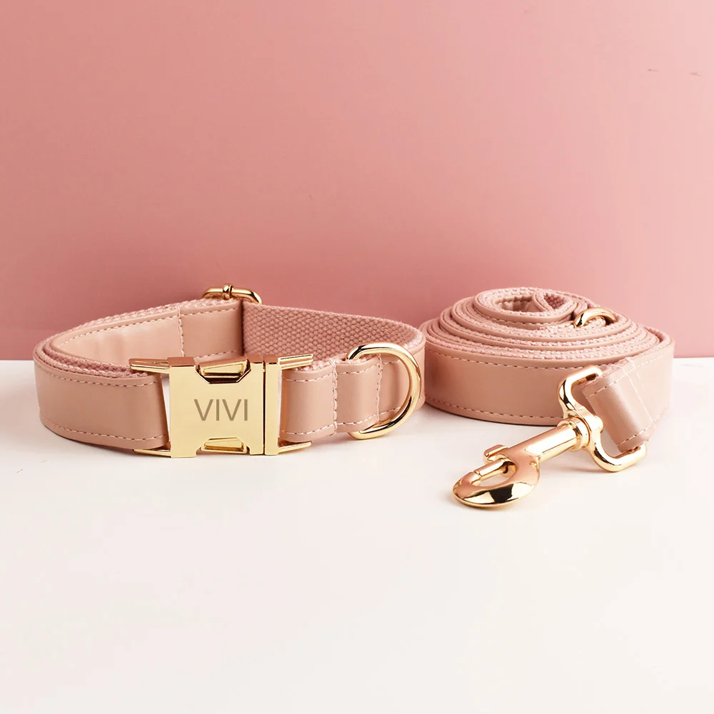 Pink Leather Dog Collar And Leash Set For Dogs Custom Engraved Nameplate Pet Supplies Dog Leash PU02