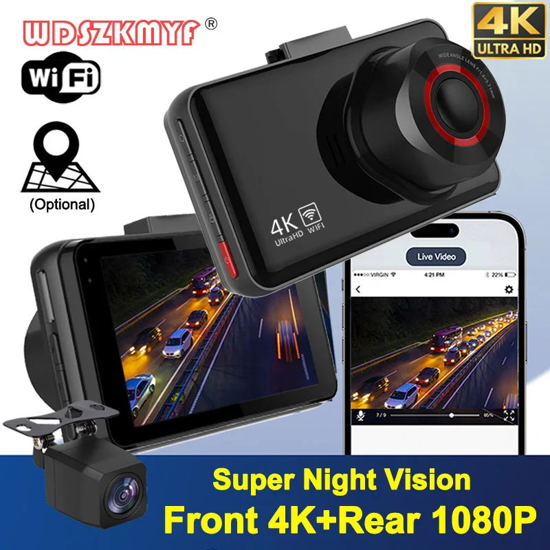 4K fotocamera anteriore e posteriore Dvr per auto WIFI Dash Cam per auto fotocamera GPS per videoregistratore per veicoli telecamera per retromarcia