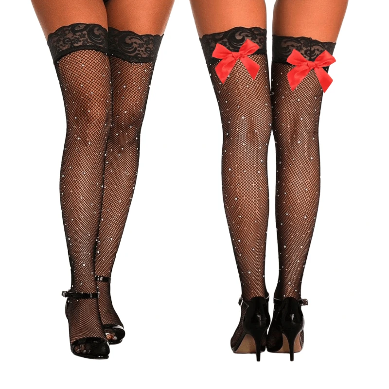 

Sparkly Rhinestone Fishnet Thigh High Stockings for Women Sexy Underwear Plus Size Lace Stay Ups Stockings with Bowknot Hosiery