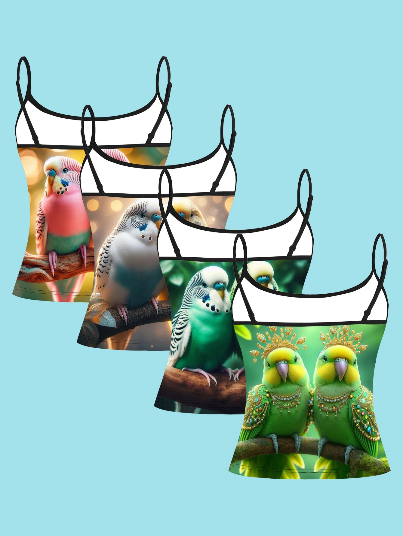 4-Piece Set of Light Luxury Style Colorful Budgerigar Sling Outfits, Cute Bird-Themed Women's Spaghetti Strap Inner Wear Base Shirt
