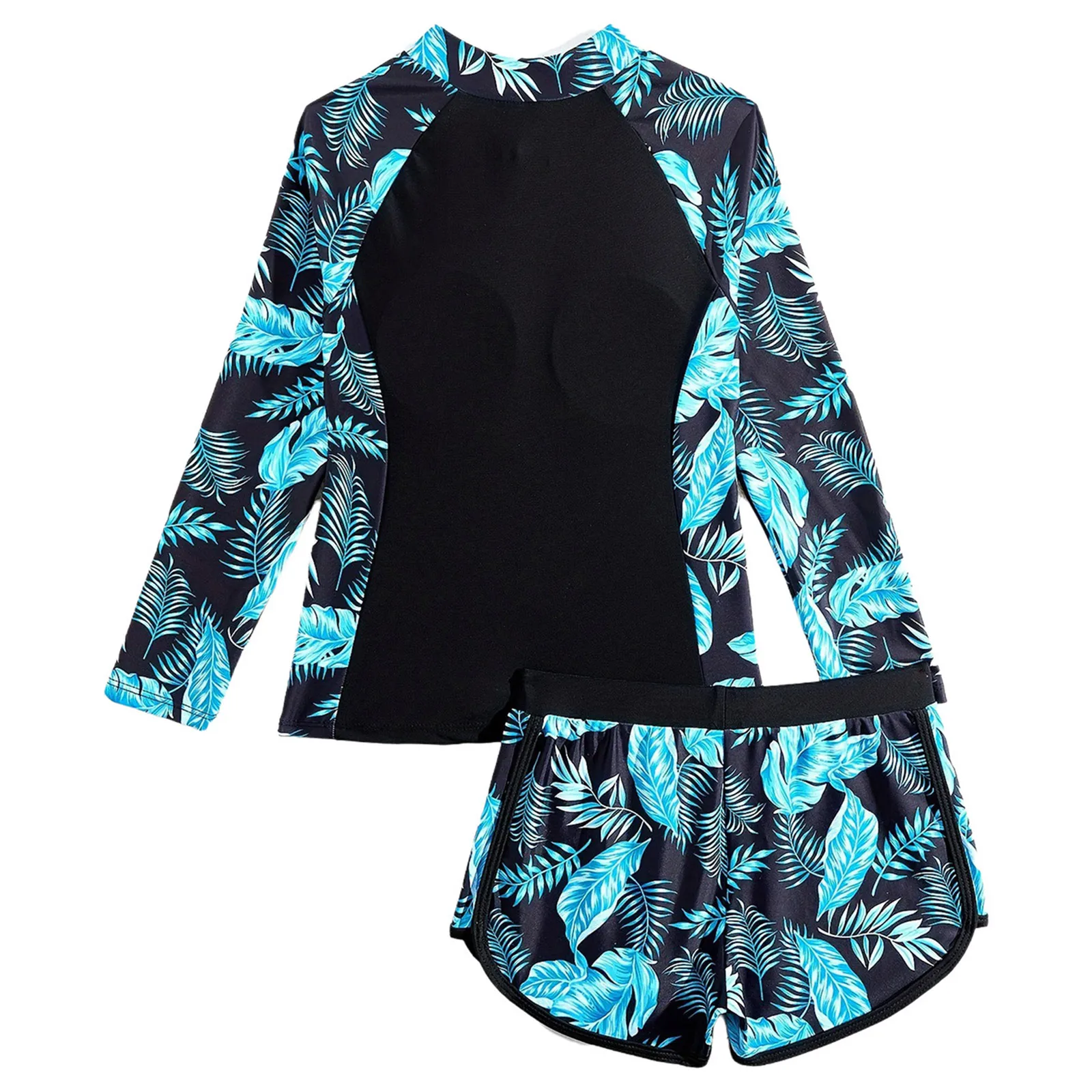 Kids Girls Swim Sets Two-Piece Swimsuit Outfits Rashguard Set Leaf Printed Bathing Suits Swimwear Long SleeveTop with Shorts