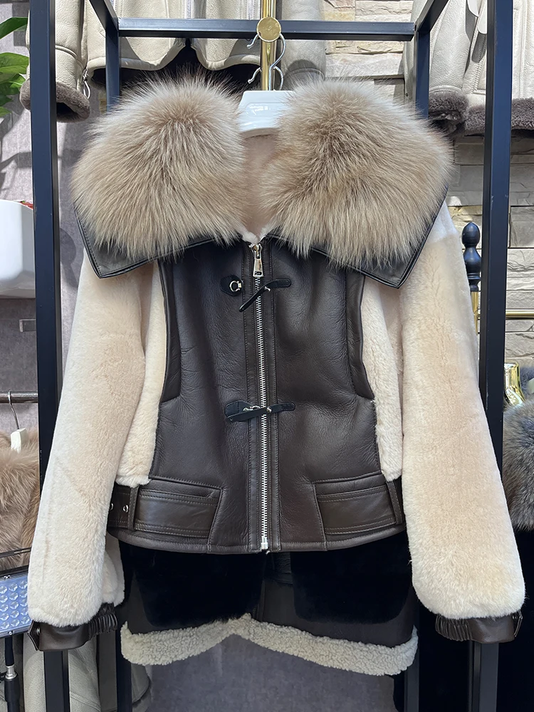 Winter Women Real Natural Fox Fur Collar Merino Sheep Fur Coat Genuine Leather Double-faced Fur Jacket