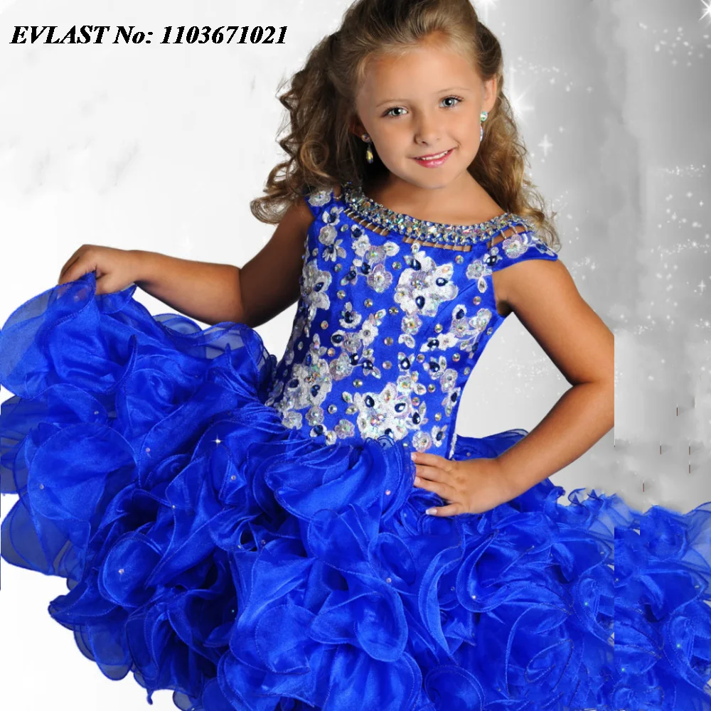 EVLAST Lovely Royal Blue Ruffles Flower Girl Dress for Wedding Crystal Beaded Little Girls Pageant First Communion Gowns FD24