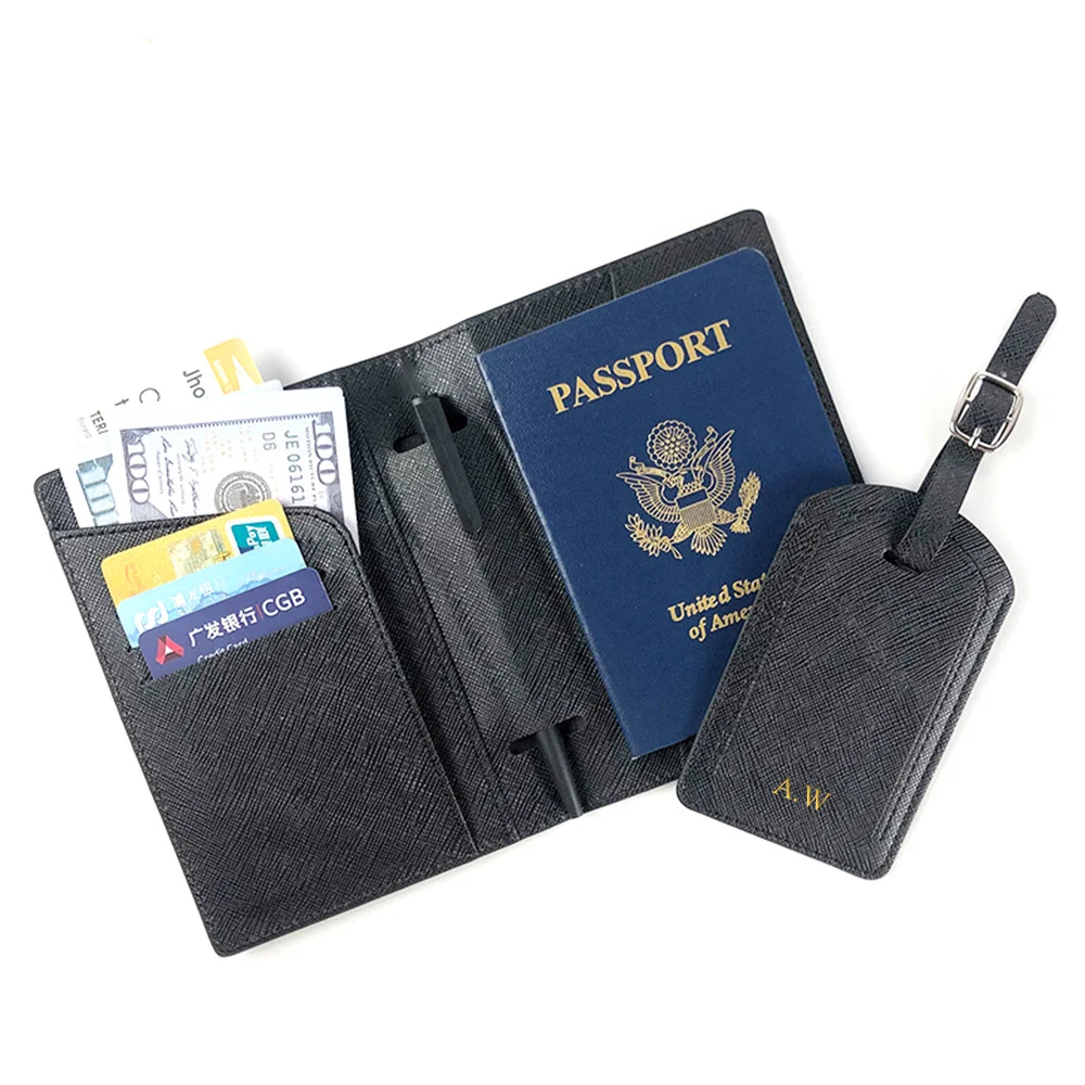 Free Custom Name Passport Cover Luggage Tag Set Fashion Saffiano PU Leather Ticket Passport Holder Personalize Travel Purse