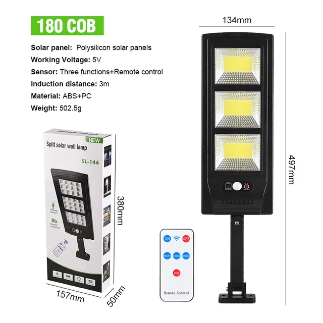 Lampu Dinding tenaga surya, Sensor gerak 6000K 144/180 LEDs COB lampu dinding tenaga surya luar ruangan garasi taman IP65 lampu jalan LED tahan air dengan Remote Control