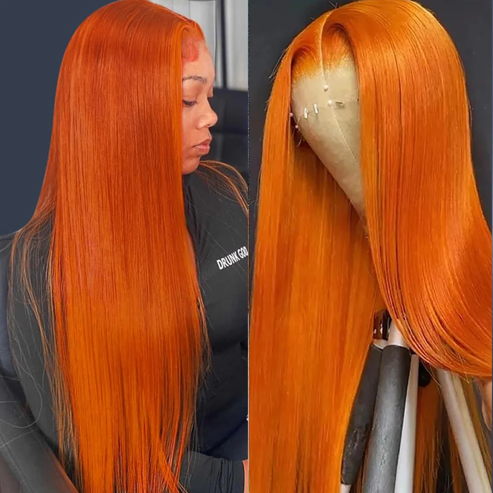 40 inches Ginger Orange Human Hair Lace Frontal Wig Straight 13x4 Lace Front Wig Human Hair for Women Pre Plucked Soft and Thick