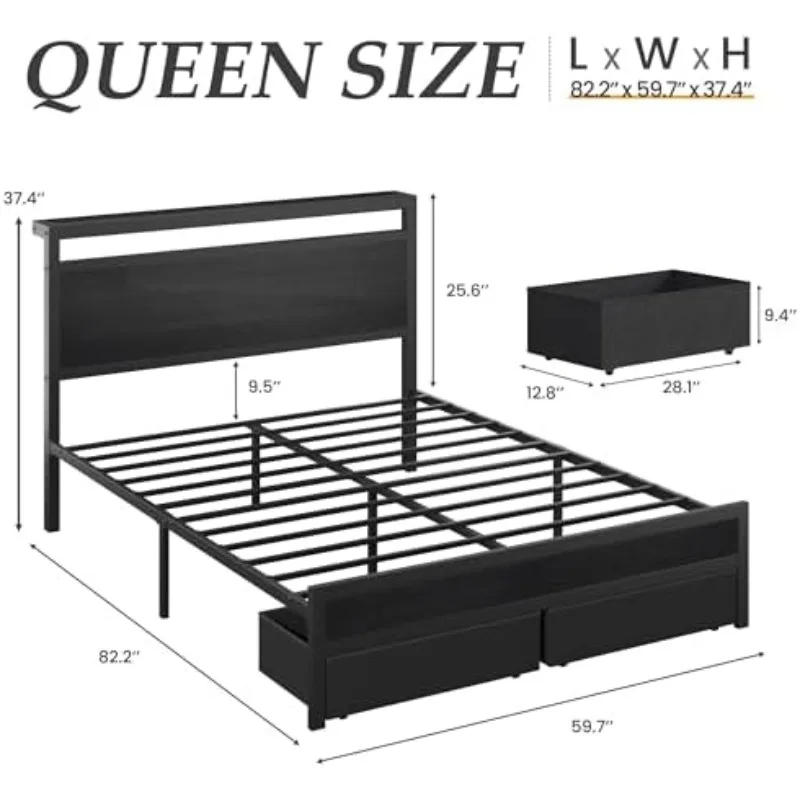 Queen Bed Frame,Queen Bed Frame with Storage Headboard & 2 Storage Drawer, Charging Station & LED Light, No Box Spring
