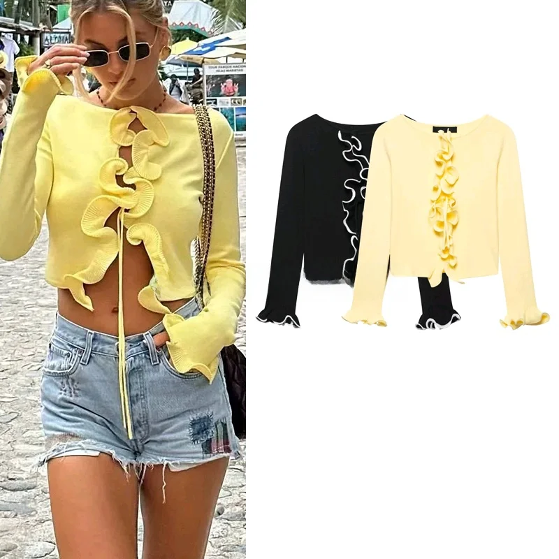 

Новое весеннее поступление, женский вязаный кардиган с цветочной отделкой в американском стиле, цвет Blo round Ne Long Sve с поясом