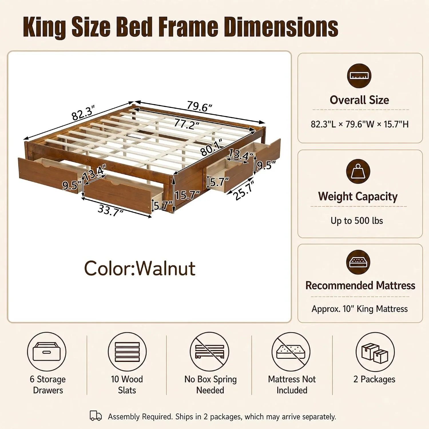Minimalist Pine Wood Platform Bed Frame,6 Storage Drawers & 500lbs Capacity & No Headboard,for Bedroom,King Size, Custom