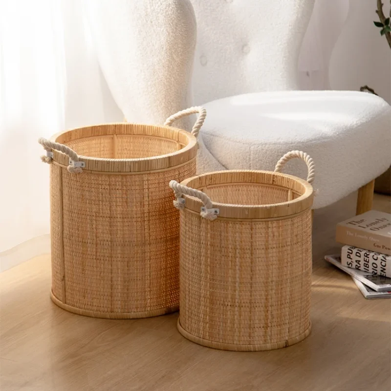 Simple Vintage Laundry Basket Natural Rattan Weaving Storage Basket Two-Side Handle Clothes Basket Bedroom Home Storage Toy