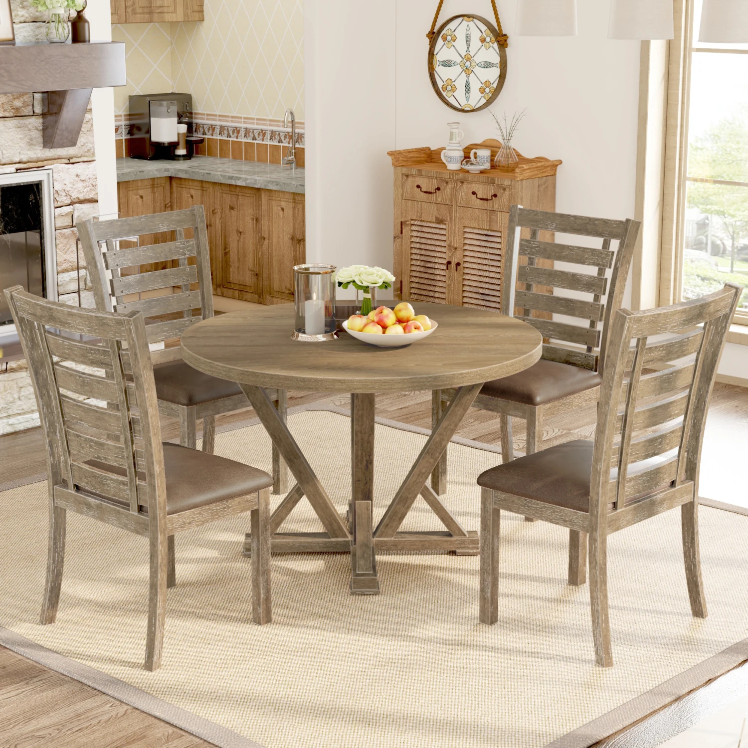 

Round Dining Table Set Solid Wood Farmhouse Rustic Distressed Look