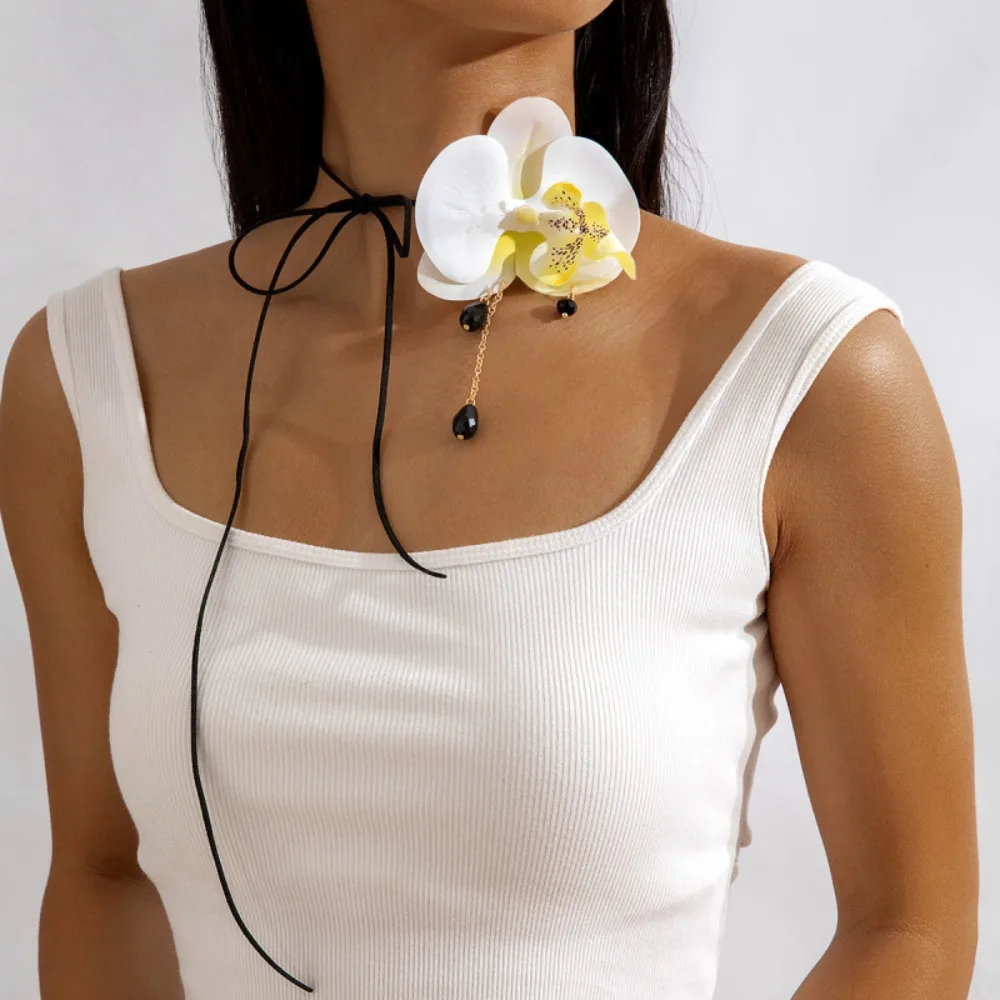 New Large Flower Flower Choker Necklace Long Rope Chain Y2K Exaggerated Necklace Drawstring Adjustable Orchid Necklace Ladies