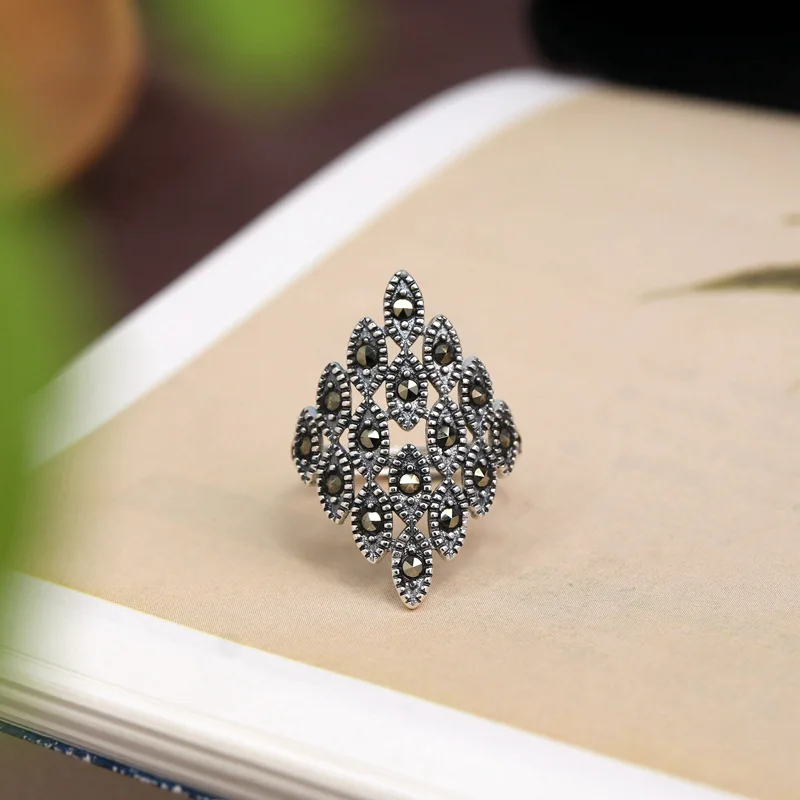 BOCAI New S925 Sterling Silver Jewelry Vintage Personality Hollowed Out Inlaid With A Maxaystone Ring Ladies' Selected Gift