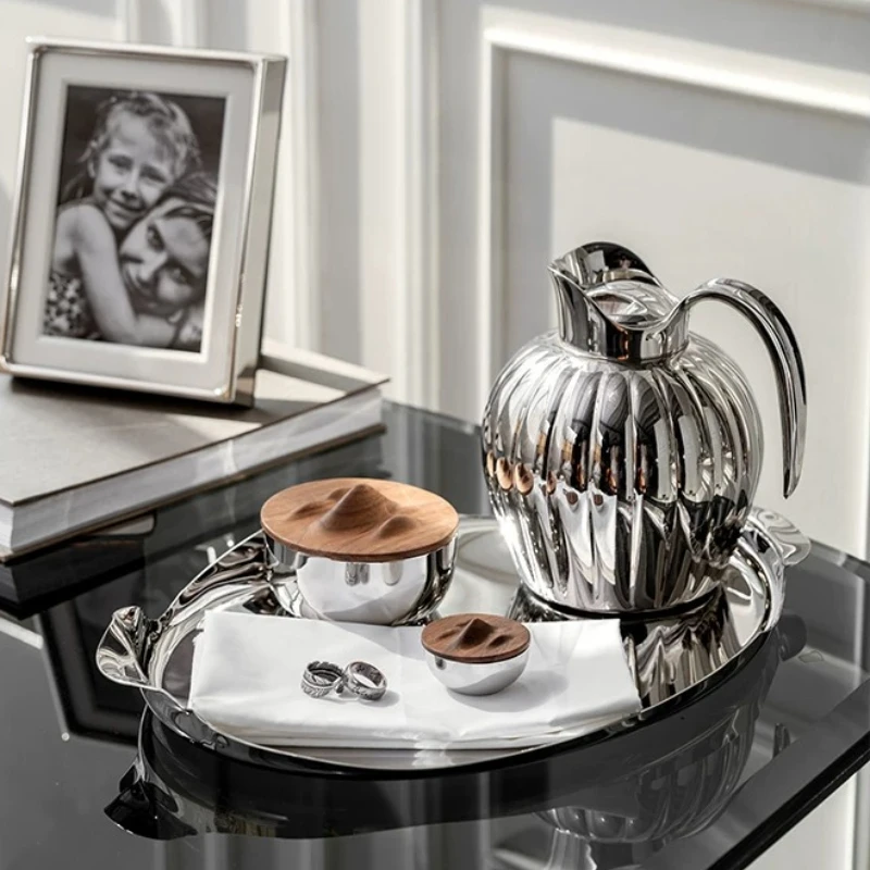 European Style Stainless Steel Serving Tray Luxury Tableware Plate for Cup Organizer Hotel Household Decorative Dinner Platter