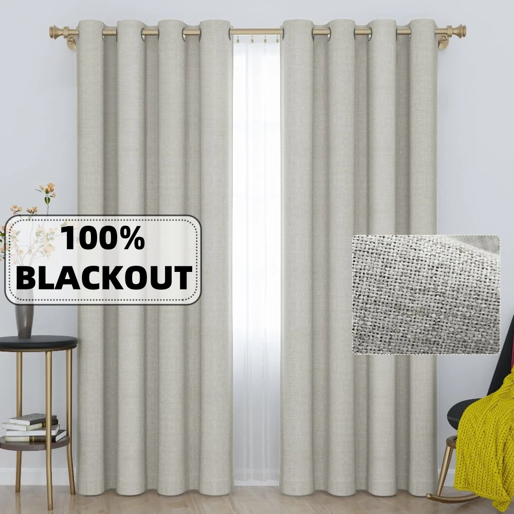 

310cm Length Modern Solid Color Faux Linen Curtains, Custom Made, 100% Blackout, Finished, Living Room, Bedroom