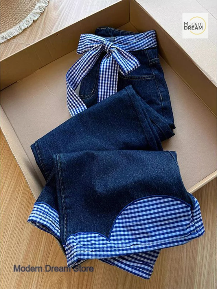 

Korean style bow tie plaid stitching jeans women spring and autumn new design high waist straight pants slim wide-leg pants.