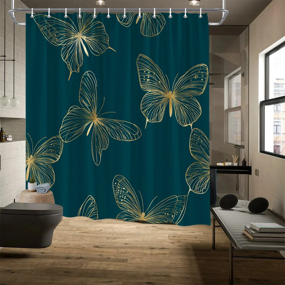 

Golden Butterfly Curtain, Vibrant Floral Print, Fade-Resistant, 12 Hooks, 70.8"x70.8", All-Season Bath Decor