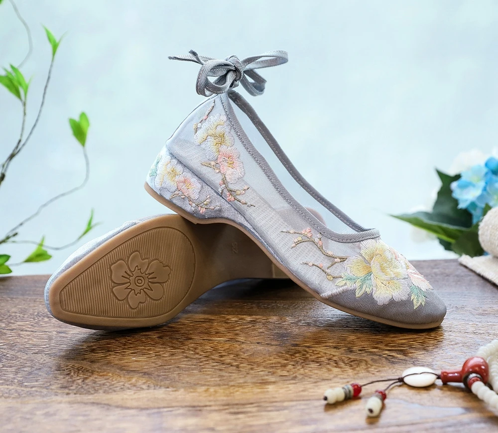 Veowalk Long Ankle Strap Summer Women Gauze Mesh Embroidered Ballet Flats Breathable Comfortable Walking Shoes for Elegant Lady