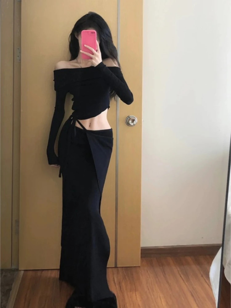 Women Fashion Two Pieces Set Slash Neck Long Sleeve Off Shoulder Irregular Crop Top + Autumn Y2k Ins Bandage Slim Elegant Skirts