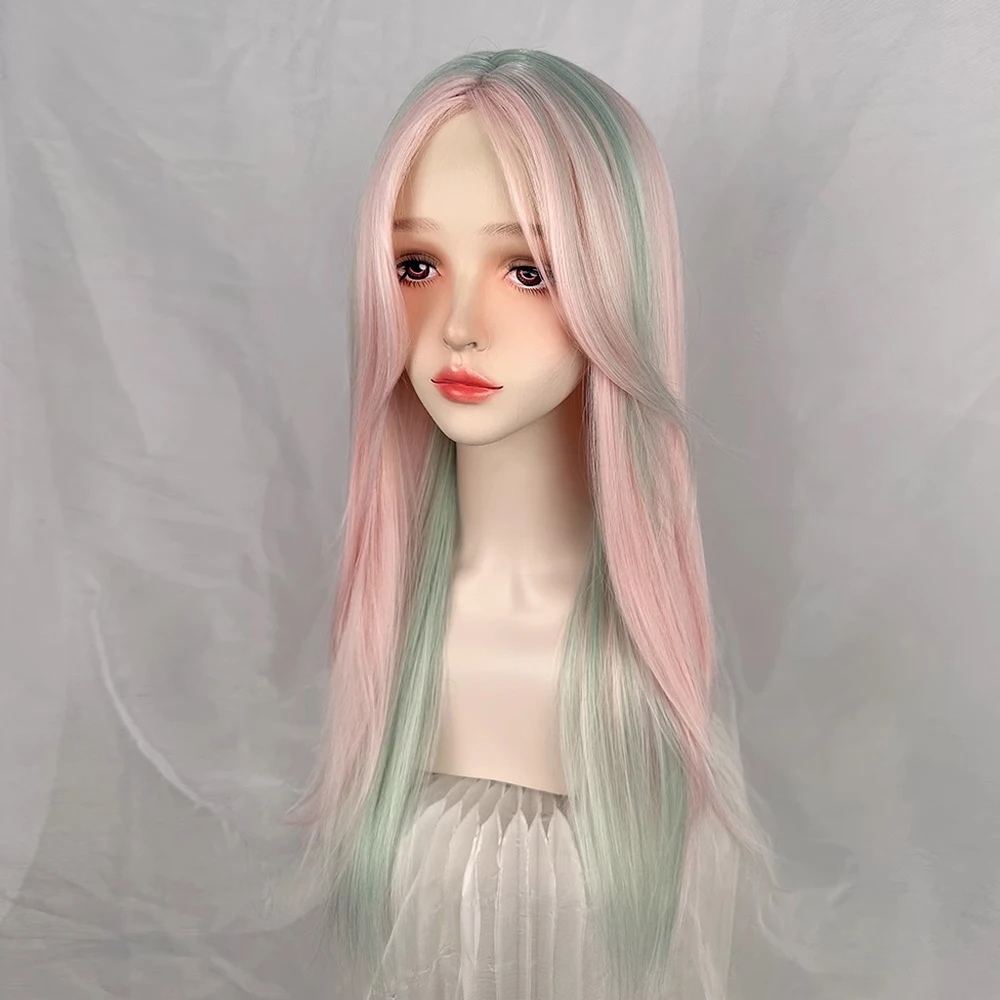 VICWIG Long Straight Pink Green Blend Synthetic Wig Middle Part Lolita Cosplay Fluffy Hair Heat Resistant Wig for Daily Party