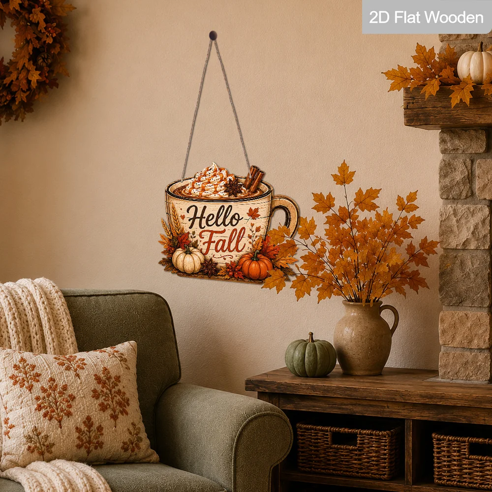 2D Holzschild „Hello Fall“ für Kaffeetassen zum Aufhängen, Kürbis-Zimt-Ahorn-Weizen-Motiv, Bauernhaus-Stil, Herbst-Dankeschön-Schild für Haustür und Wand – Detail 7