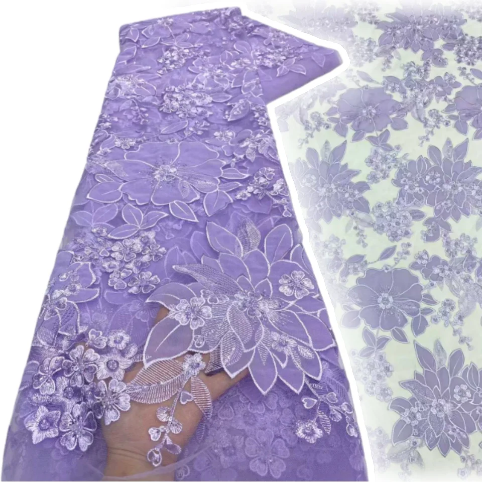 

Фиолетовая африканская кружевная ткань для жениха с блестками, высококачественная роскошная вышивка, тяжелая ткань для свадебного платья, материал для вечеринки 2039