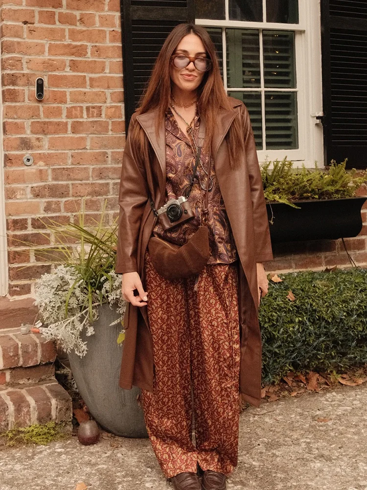 

HH Женская мода Ретро комплект из 2 предметов Пейсли Однобортная пижамная рубашка с принтом + повседневные брюки на шнуровке с высокой талией Mujer