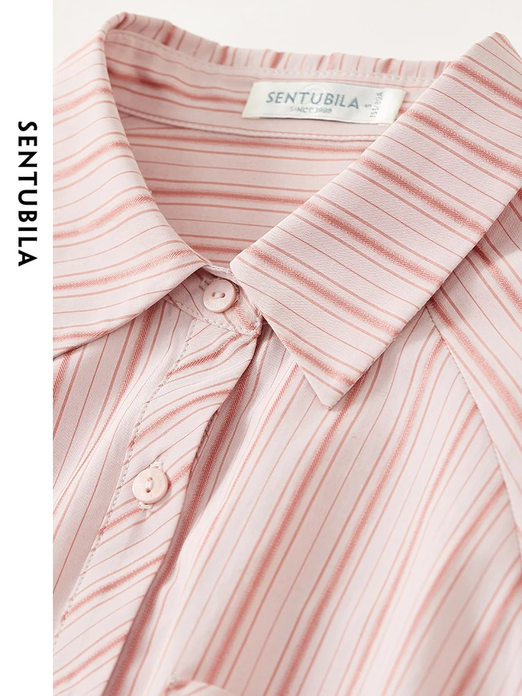 SENTUBILA Pink Striped Shirt 2024 Spring  Polo Collar Button Up Casual Loose Shirts & Blouses Long Sleeve Womens Tops 141C53583