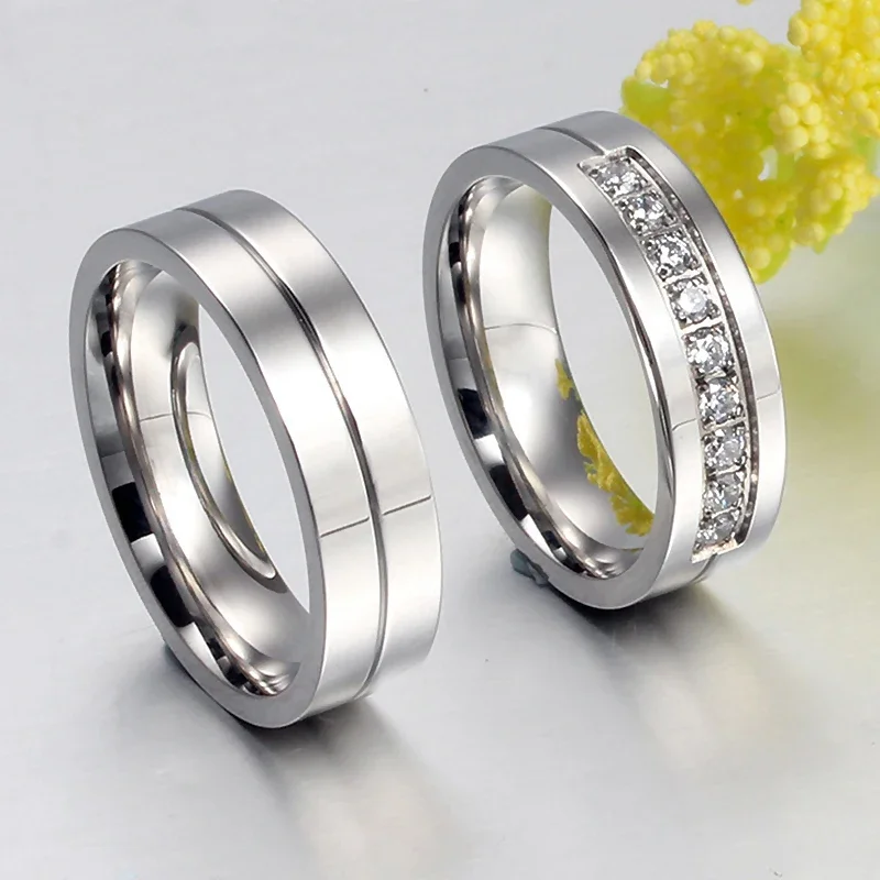 Wedding Ring Lovers Cubic Zirconia Rings for Men Women Engagement Jewelry Stainless Steel Girlfriend Gift