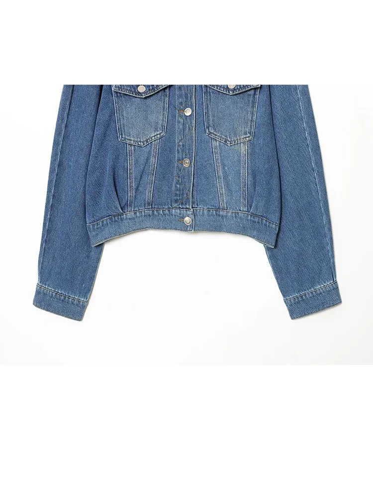 

HH Woman Spring Fashion Long Sleeves Turn-down Collar Denim Coat Female Pockets Single-breasted High Street Casual Short Jacket