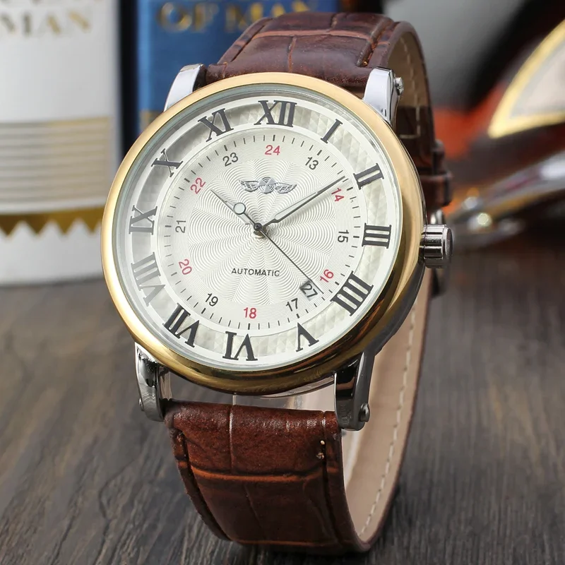 Luxury Brand New Style Fashion White Golden Clock Date Display Brown Leather Belt Mechanical Automatic Self Wind Watches for Men