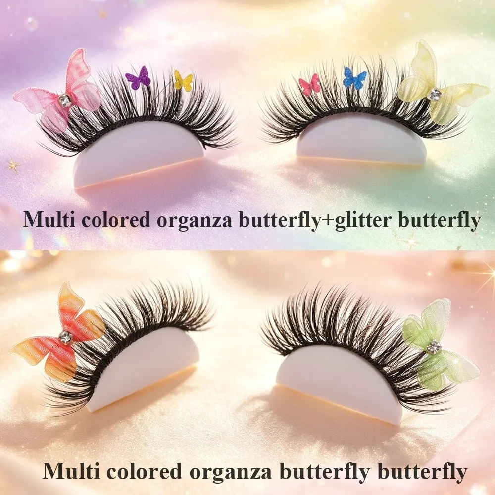 1 Pair Natural to Fluffy Festive Glitter False Eyelashes Full Strip 3D Messy Effect Christmas Fake Lashes Colorful Butterfly