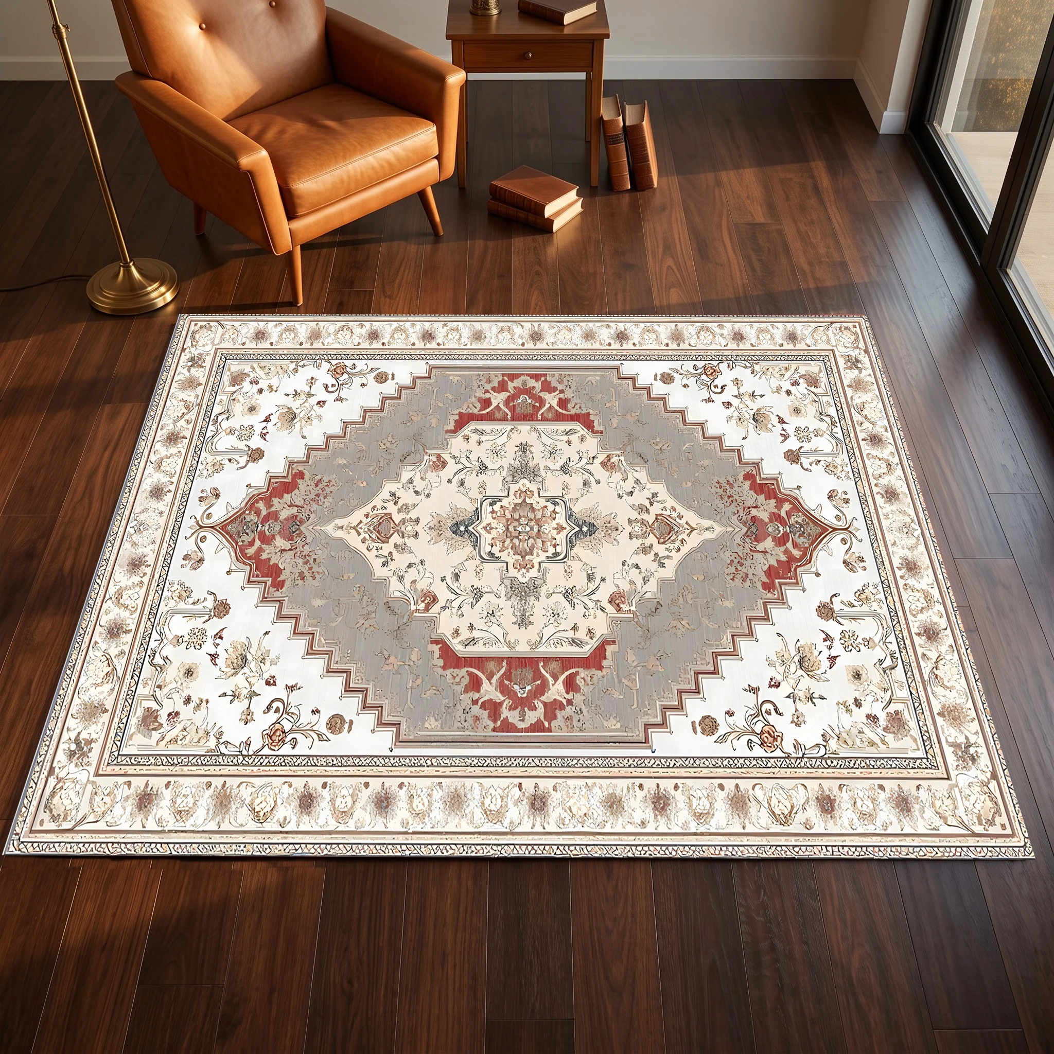 2D Large Rug with Retro Persian Diamond Pattern, European Light Luxury Style, Suitable for Living Room and Bedroom, One-Click Renovation for Autumn and Winter Decoration