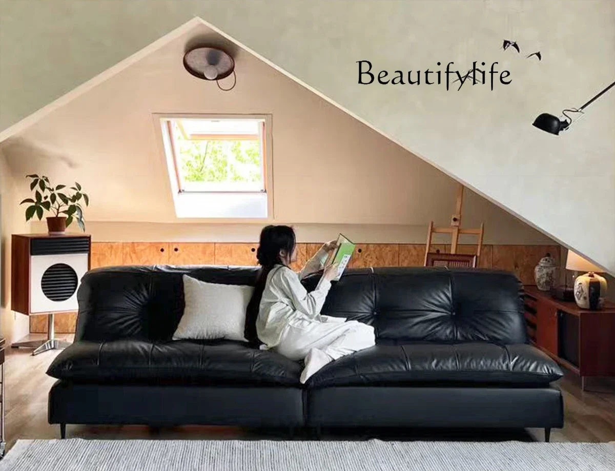 A44 French retro leather sofa plus style leather medieval Bauhaus style apartment living room straight row sofa