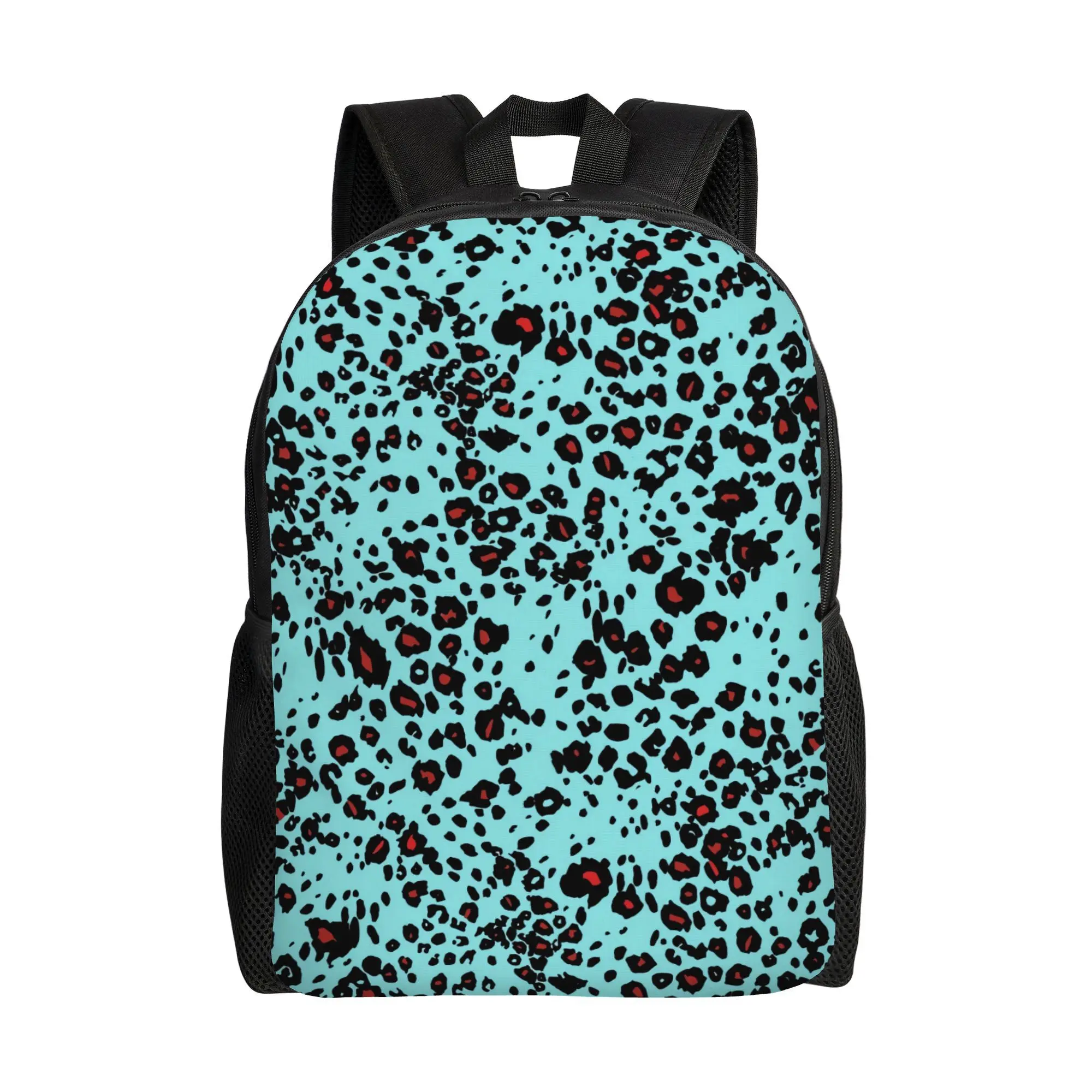 

Turquoise Blue and Black Leopard Print Backpack - Lightweight with Turquoise Block, Single Pocket and Comfortable Strap