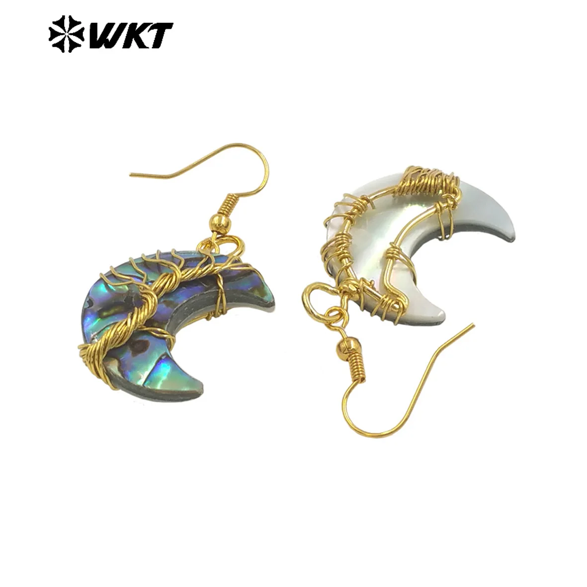 WT-MPE160 New Arrival Natural Abalone Shell Women Earrings Waterdrop/ Moon Shape Gold Plated Wrapping Wire Vintage Jewelry