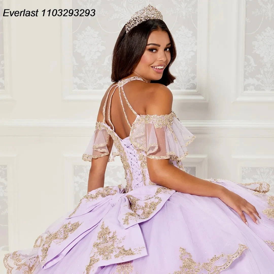 EVLAST Glitter Blush Pink Quinceanera Dress Ball Gown Lace Applique perline con fiocco corsetto Sweet 16 Vestido 15 De asenos TQD232