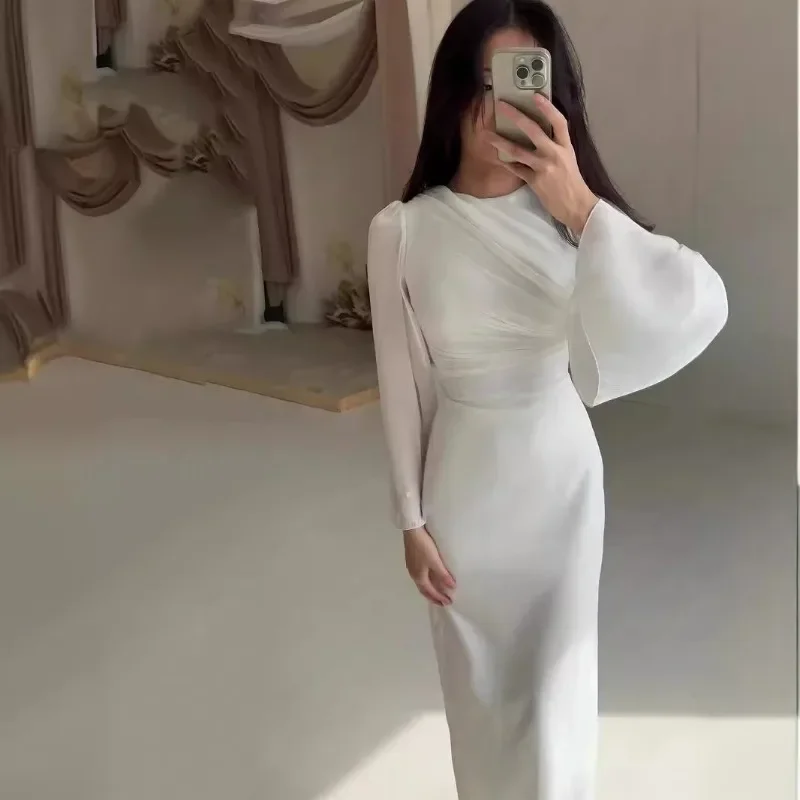 Primavera/Novedad de verano Color sólido cintura Simple, falda Sexy de cadera media a larga, vestido elegante y de gama alta arrugado de manga larga 2025