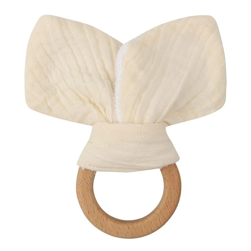 

J15U Baby Natural Wooden Teether Ring Soft Cotton Rabbit Ears Teething Chewing Appease Toy BPA Pain Relief Teether